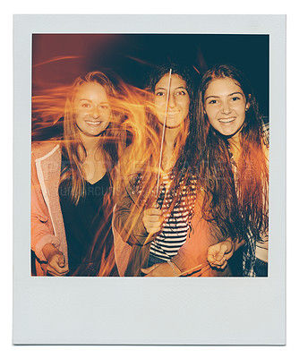 Buy stock photo Vintage, happy and portrait of friends for memory with sparkler for celebration of youth and outdoor festival. Girl, group and fireworks with polaroid for recollection, flare and light for party.