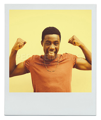 Buy stock photo Black man, excited and happy with flex for muscle strength, energy and training success on yellow background. African person, smile and with celebration for health, biceps and pride with progress