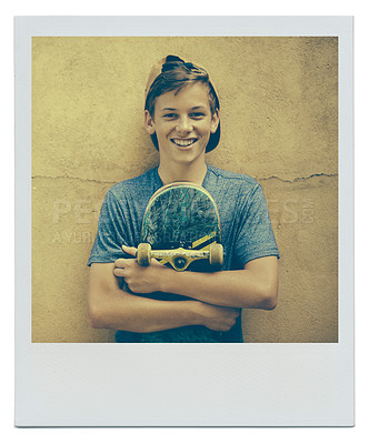 Buy stock photo Portrait, skateboard and happy teenager on a wall background for sports, polaroid or fashion picture in Australia. Cap, skater and smile of young boy with a hat for instant photograph on mockup space