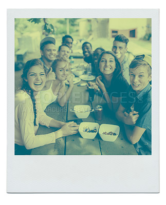 Buy stock photo Frame, teenagers and picnic in a park, smile and bonding together with fun and weekend break. Portrait, happiness and chilling with food or friends with group or people with lunch, cheerful or summer