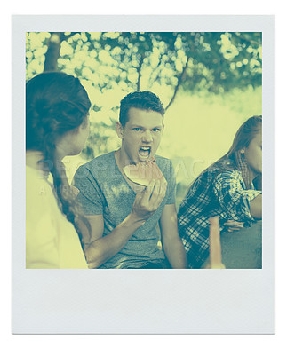 Buy stock photo Portrait, friends and eating watermelon outdoor for summer, instant photograph or serious. Face, fruit and teenager with group at park for food, healthy diet or nutrition at picnic on retro mockup