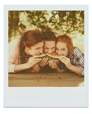 Buy stock photo Friends, people and eating watermelon outdoor in summer on instant photograph in nature. Smile, fruit or hungry group at park with food for health, nutrition or picnic with mockup on picture together