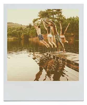 Buy stock photo Adventure, nature and friends jumping in lake on vacation, holiday or travel camp in summer. Freedom, polaroid and back of teenager group having fun by river or pond water in forest on weekend trip.