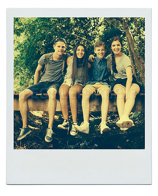 Buy stock photo Happy, nature and group of friends in woods for adventure, holiday or vacation together. Smile, polaroid and portrait of young teenagers embracing, bonding and sitting in outdoor forest for camp trip