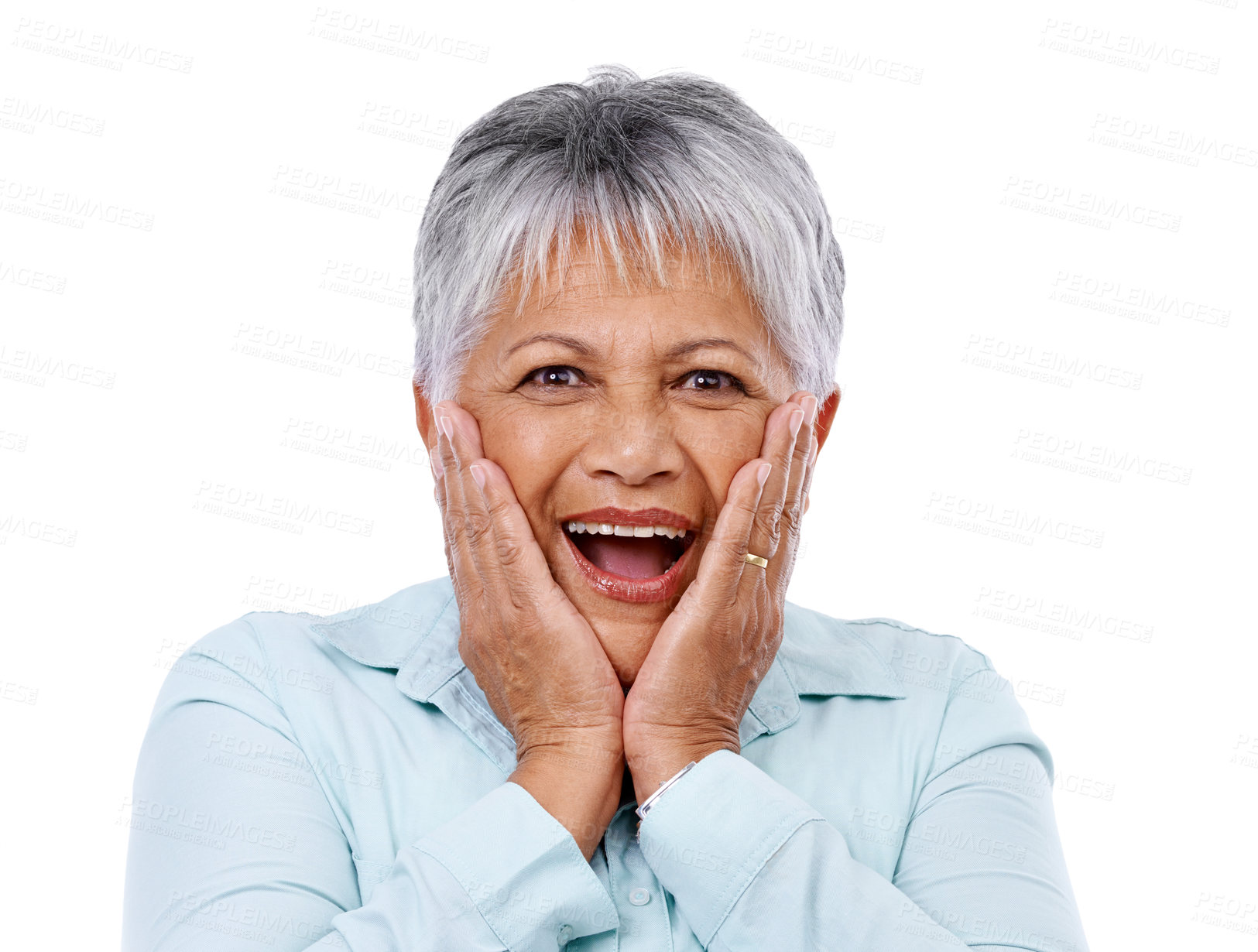 Buy stock photo Old woman, portrait and excited surprise in studio for good news announcement, winner or celebrate. Female person, face and hand gesture for giveaway promotion or discount, white background or mockup