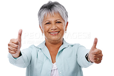 Buy stock photo Studio shot of a mature woman giving the thumbs up isolated on white