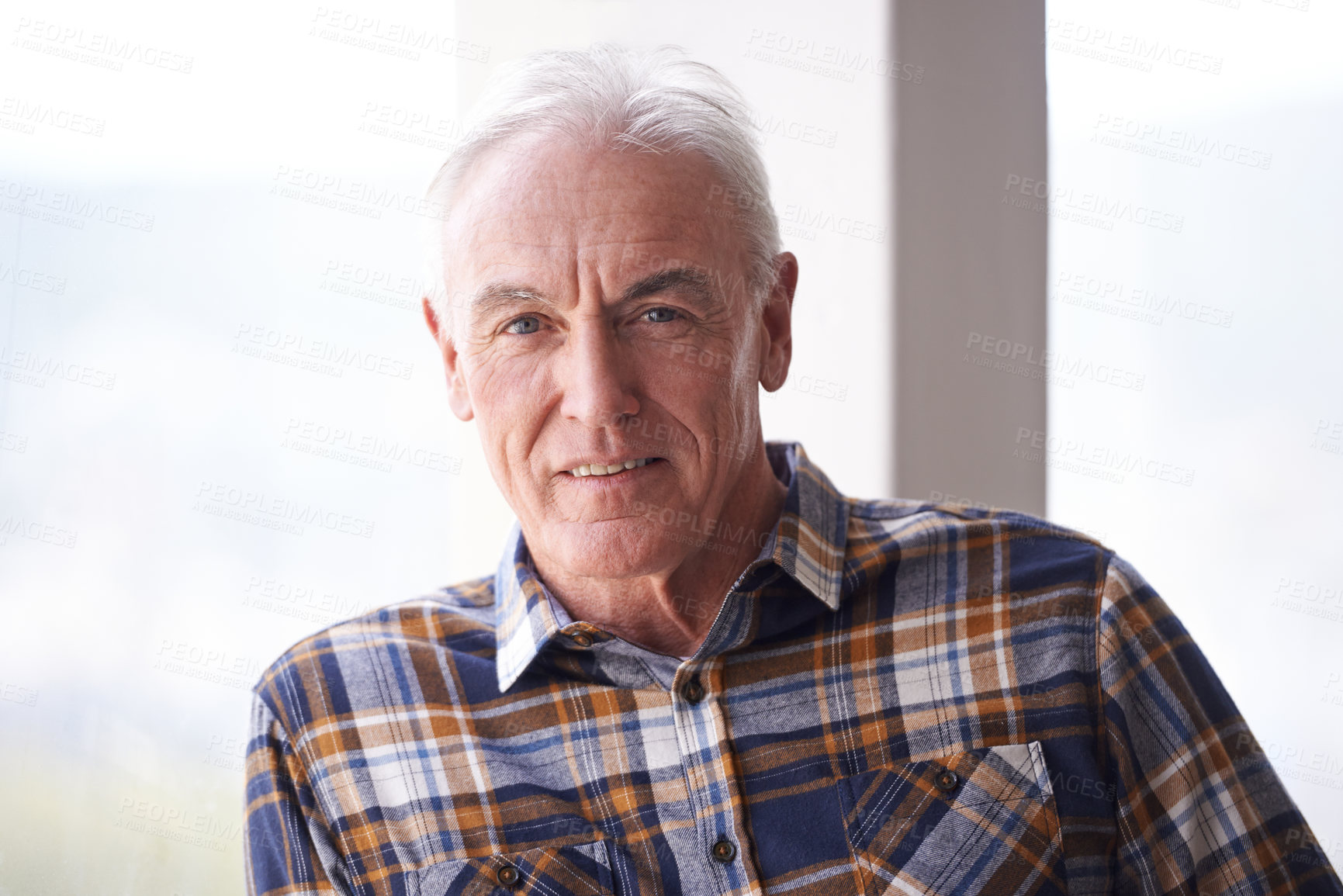 Buy stock photo Portrait, retirement and senior man in home to relax in apartment alone by window in Australia. Face, elderly and male person with confidence or handsome pensioner in casual clothes at nursing house