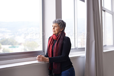 Buy stock photo Window, thinking and senior woman with sunshine, ideas or retirement with nostalgia and memory. Old person, mature lady or pensioner with view or peace with wonder or thoughts with decision or choice