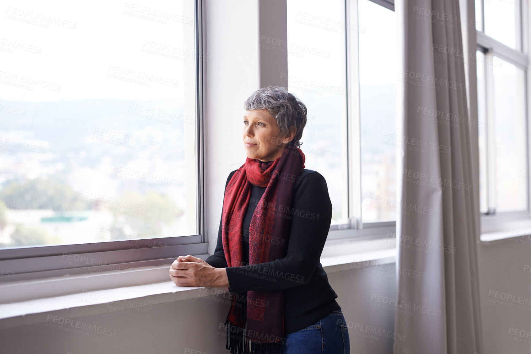 Buy stock photo Window, thinking and senior woman with sunshine, ideas or retirement with nostalgia and memory. Old person, mature lady or pensioner with view or peace with wonder or thoughts with decision or choice