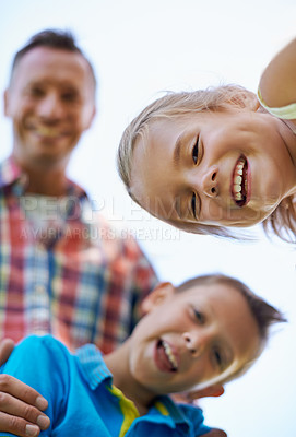 Buy stock photo Portrait, low angle and family with summer happiness and bonding together with weekend break. Face, parents and mother with father and children with fun and sunshine with kids and joyful with smile