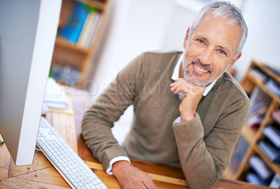 Buy stock photo Businessman, mature and portrait with smile, computer and desk or workspace. Ceo, management and startup for accounting, administration and corporate with happiness for professional career or job