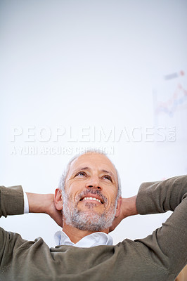 Buy stock photo Businessman, mature and idea with smile, low angle and roof of workspace or office. Ceo, management and startup for accounting, administration and corporate with happiness for professional career