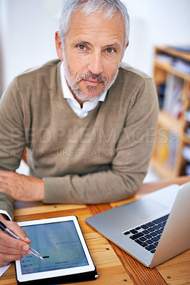 Buy stock photo Portrait, laptop and businessman with tablet in office for statistics research on internet. Serious, computer and mature financial planner work on budget project with digital technology in workplace.