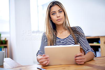 Buy stock photo Portrait, businesswoman and tablet at office desk for online browsing, internet or website for creative project. Professional, technology and female person for search, planning or connection