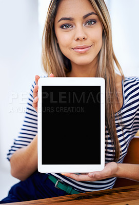 Buy stock photo Portrait, tablet screen and business woman showing mockup space on table in startup for marketing. Face, display and person with technology for advertising, information or promo of creative designer