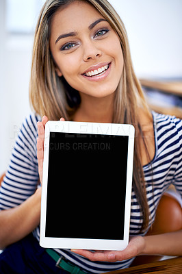 Buy stock photo Portrait, tablet screen and happy business woman showing mockup space on desk in startup for marketing. Face, display and person with technology for advertising, info or promo of creative designer