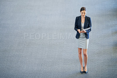 Buy stock photo Business woman, documents and lawyer in office, reading and planning for above in workplace. Female person, agency and paperwork for opportunity in firm for startup company, advocate and tasks