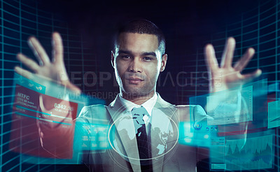 Buy stock photo A businessman using futuristic touch technology to trade shares. All screen content is designed by us and not copyrighted by others, and upon purchase a user license is granted to the purchaser. A property release can be obtained if needed.