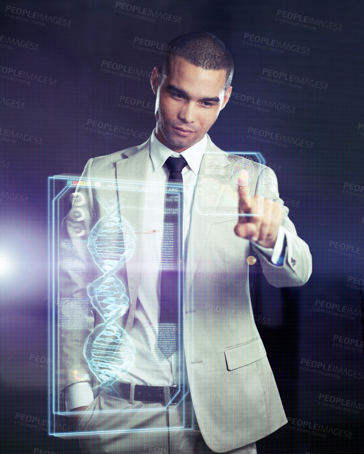 Buy stock photo A businessman using futuristic touch technology for scientific research. All screen content is designed by us and not copyrighted by others, and upon purchase a user license is granted to the purchaser. A property release can be obtained if needed.
