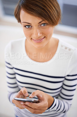 Buy stock photo Portrait, typing and home with woman, cellphone and digital app with connection and communication. Face, person or girl with smartphone or apartment with social media or internet with online blog