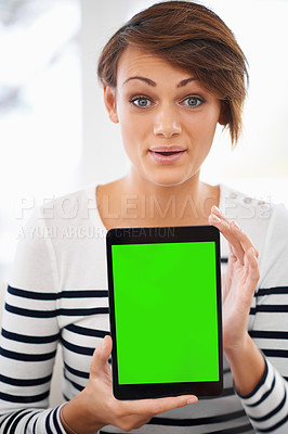 Buy stock photo Woman, surprise and tablet for mockup, green screen and advertising online for technology or app user. Information, news or announcement on internet, digital marketing and web ads with UX at home