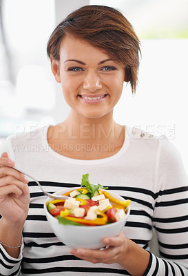 Buy stock photo Woman, diet and salad in portrait with healthy food for detox, breakfast and lunch at home. Young person eating green fruits, vegetables and lettuce or vegan meal in bowl for nutrition and wellness