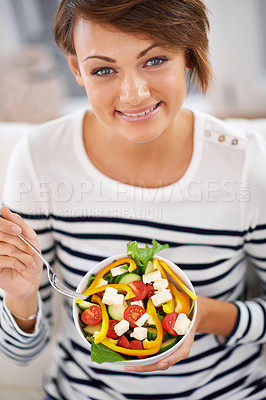 Buy stock photo Woman, salad and healthy vegetables in portrait for diet with detox, breakfast and lunch at home. Young person eating food, lettuce and green fruit or vegan meal in a bowl for nutrition and wellness