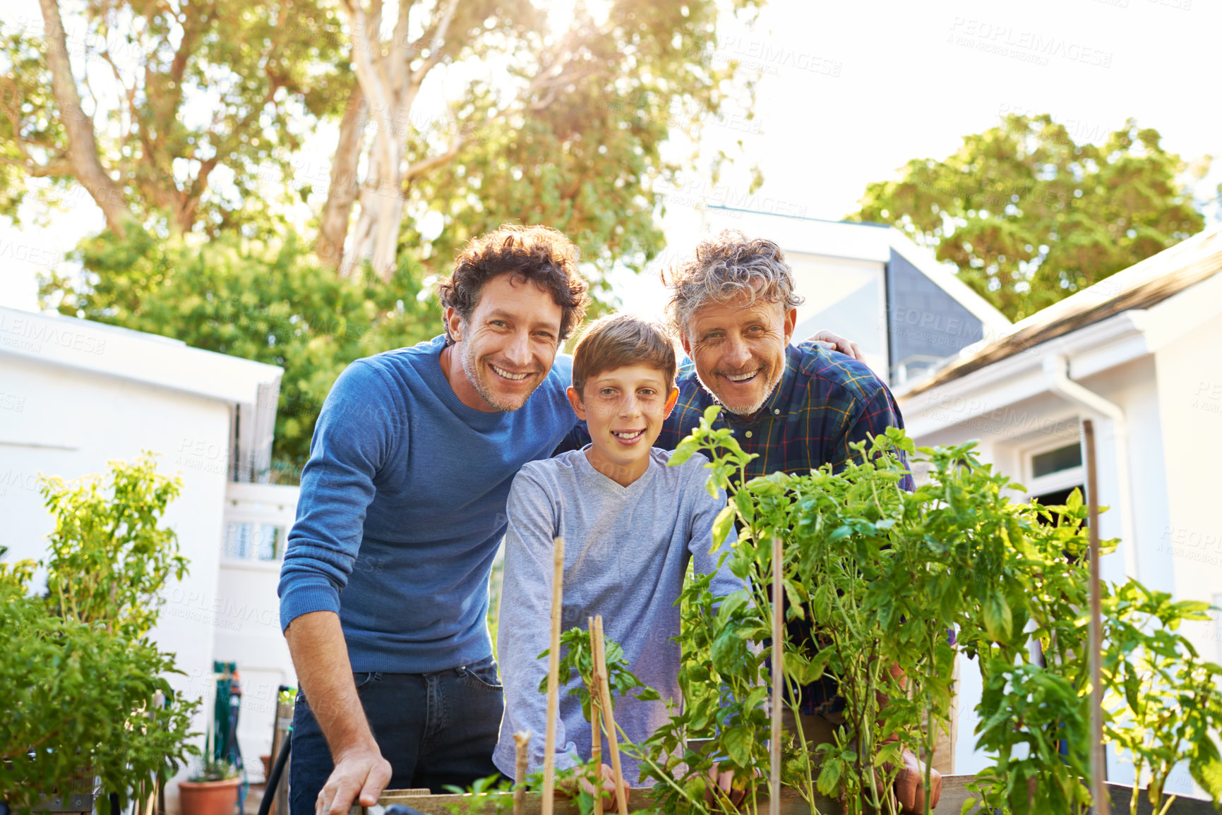 Buy stock photo Boy, father and grandfather in gardening portrait with smile, support and outdoor bonding together. Men, family and face of happy child with generations in backyard for legacy, weekend and plants