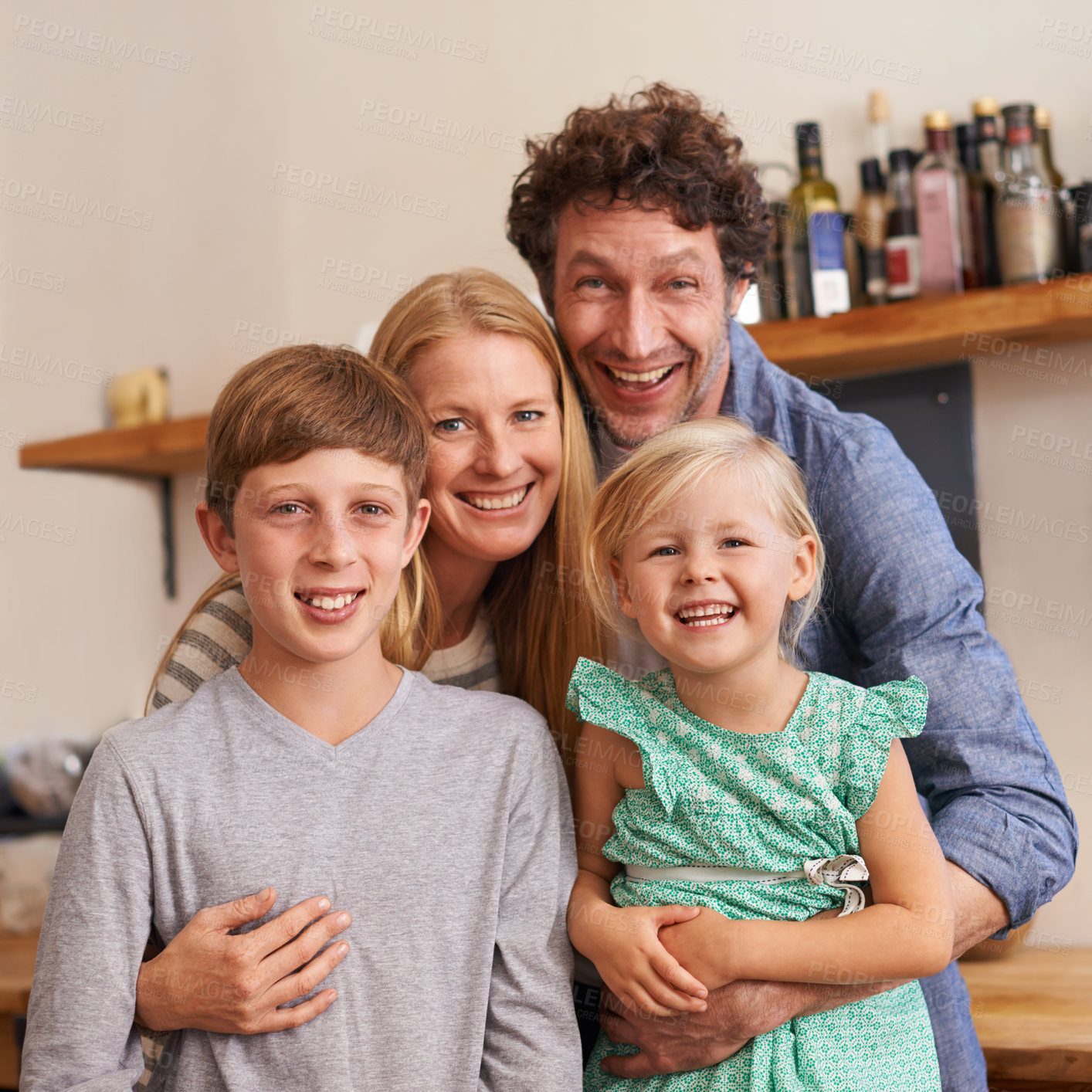 Buy stock photo Parents, family and portrait with children in kitchen for holiday relax or together for weekend, good mood or bonding. Mother, father and siblings or face in apartment for happy, vacation or break