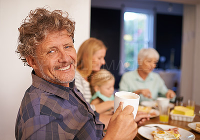 Buy stock photo mature man, family and home for breakfast on happiness in morning for bonding with conversation, support and care. Portrait, father and meal to eat with coffee in table to enjoy, fun and together. 
