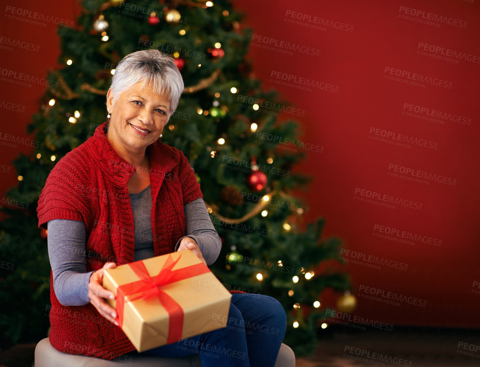 Buy stock photo Cropped shot of a woman in front of a Christmas tree offering a present