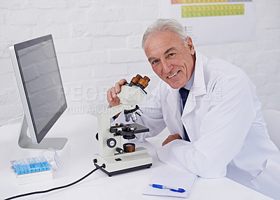 Buy stock photo Doctor, portrait and microscope in laboratory for research, medical development or bacteria test. Mature scientist, healthcare and smile with technology for dna sample, innovation and growth in study