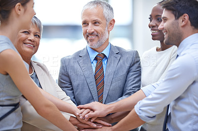 Buy stock photo Group, business people and hands together for teamwork, cooperation and solidarity. Collaboration, smile and community huddle of employees for support, trust and motivation for goal in partnership.