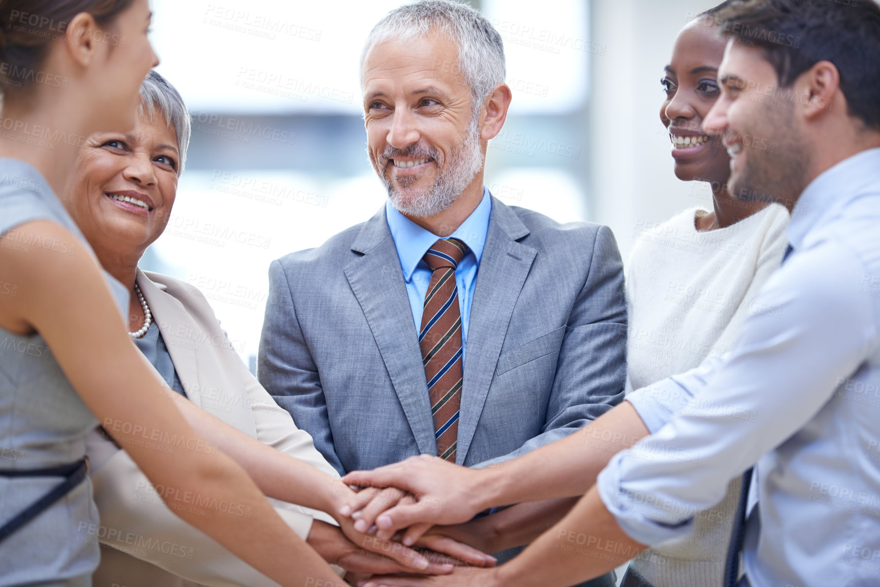 Buy stock photo Group, business people and hands together for teamwork, cooperation and solidarity. Collaboration, smile and community huddle of employees for support, trust and motivation for goal in partnership.