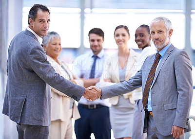 Buy stock photo Business people, portrait or shaking hands for deal, b2b collaboration or teamwork in office. Handshake, partnership or proud employee in corporate agreement for meeting success, welcome or thank you