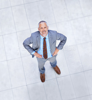 Buy stock photo Happy, man and high angle portrait in business or office with professional confidence and pride. Above, entrepreneur and mature person smile in lobby excited for morning in London at workplace