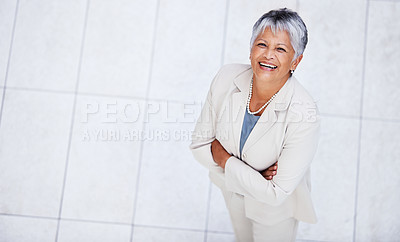 Buy stock photo Business, portrait and high angle of woman with arms crossed in office with professional confidence and pride. Above, entrepreneur and happy mature person in lobby excited for morning at workplace