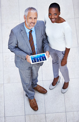 Buy stock photo Businessman, black woman and portrait with tablet in office for internet, email and planning for business meeting. Manager, assistant and team with diversity from above view in corporate career