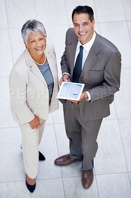 Buy stock photo High angle of tablet, company and portrait with smile, employee and entrepreneur. Man, woman and corporate for business, discussion and meeting for online enterprise or accounting firm and agency