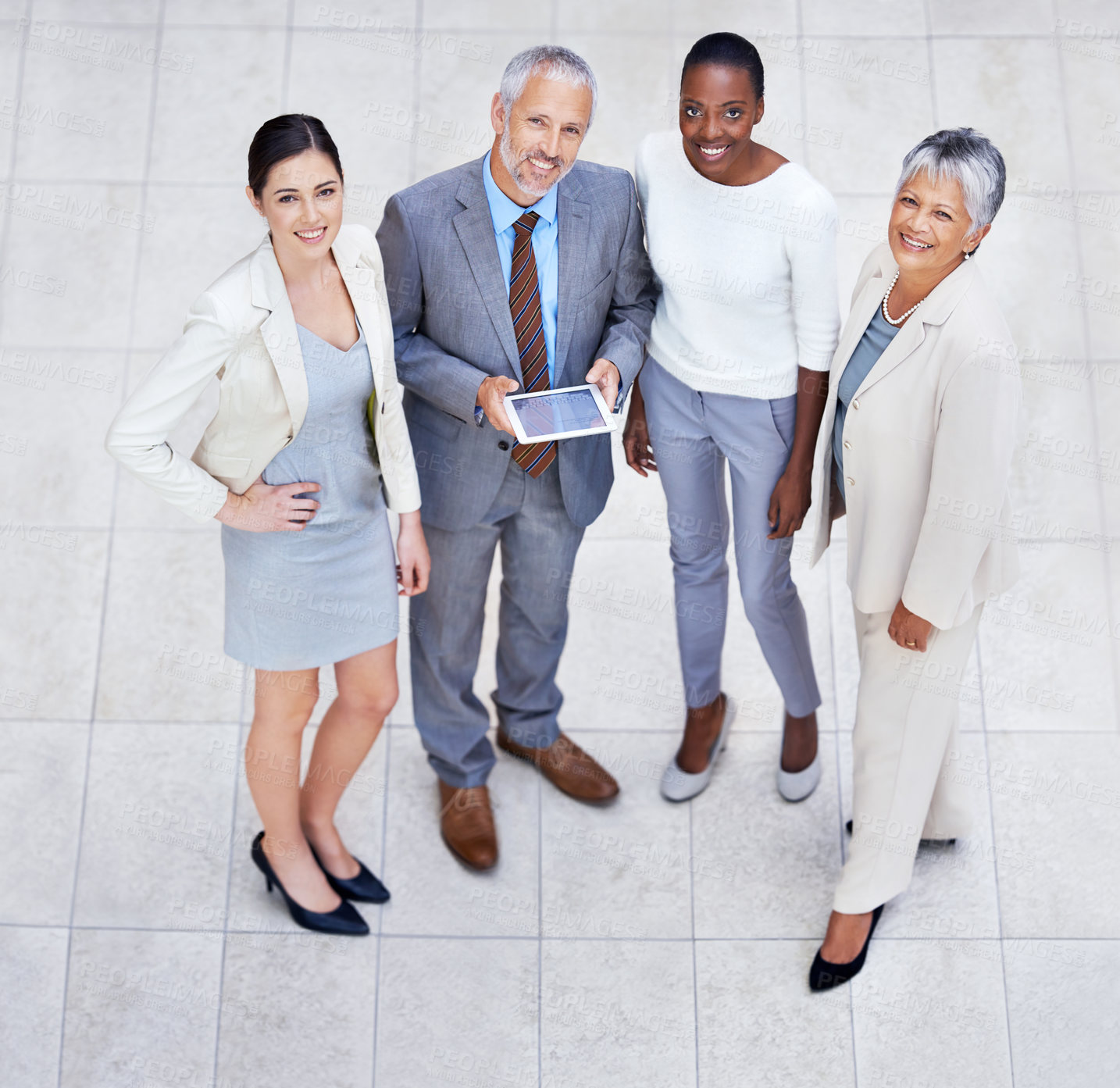 Buy stock photo Teamwork, tablet and portrait of business people in lobby of office in discussion collaboration. Smile, digital technology and high angle of professional financial advisors in meeting in workplace.