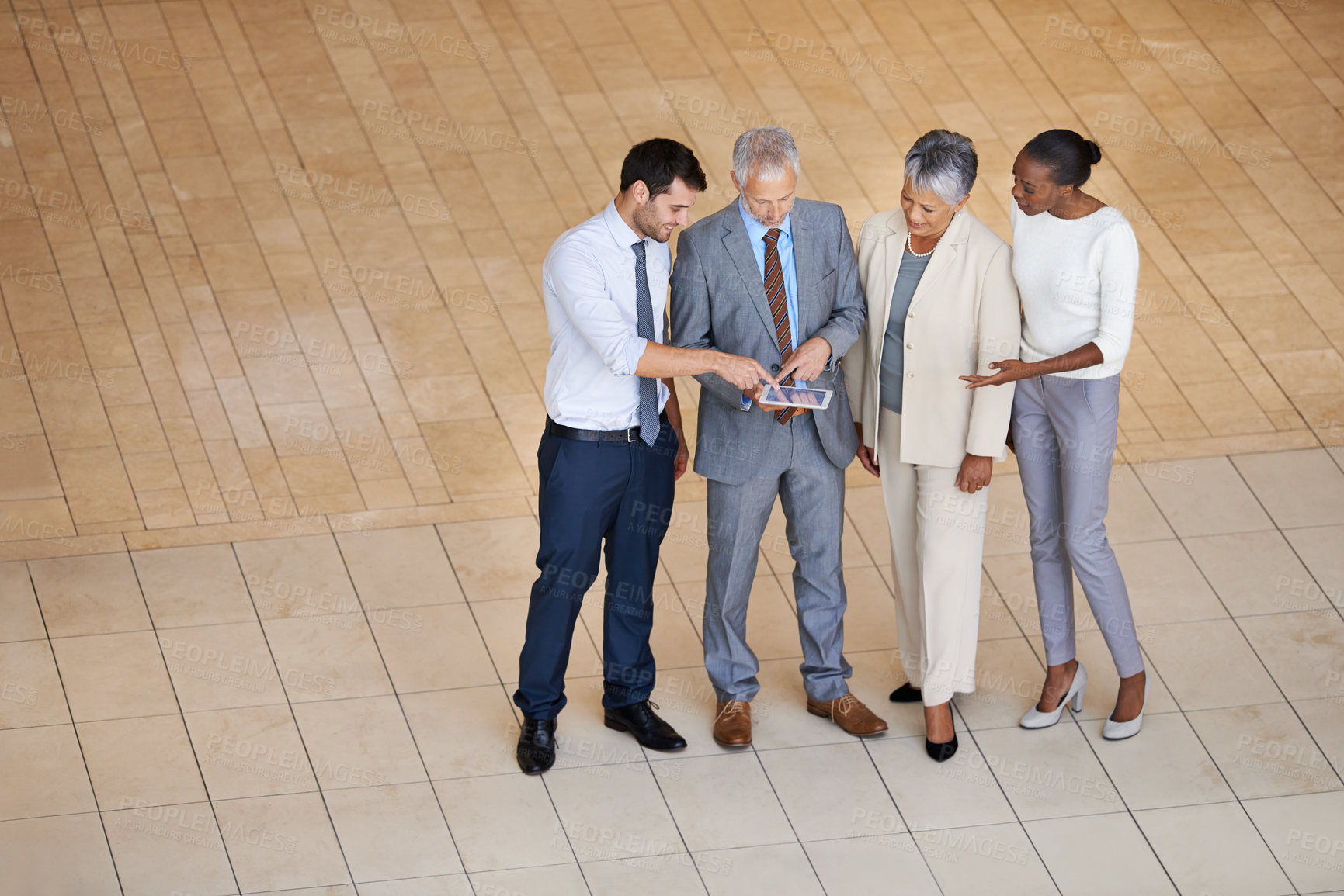 Buy stock photo Teamwork, tablet and outside meeting for diversity team, smile and professional businesspeople. Lawyer, technology and collaboration for project or development, law firm or corporate company employee