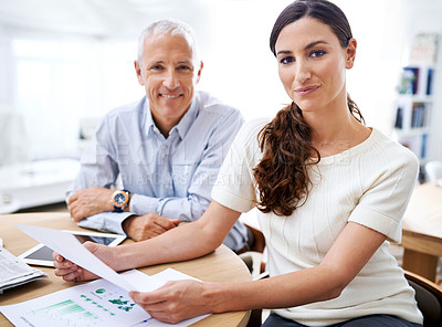 Buy stock photo Portrait, businessman and woman with paperwork, tablet and sales review for growth, development and stats. Planning, strategy and business people at desk for data analysis, feedback or profit report