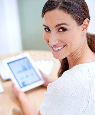 Buy stock photo Portrait, woman or tablet on business, data or analysis to forecast, future or bitcoin or ecommerce. Businesswoman, screen or software to search, blockchain or crypto as economy chart document