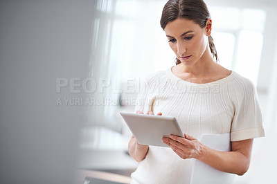 Buy stock photo Woman, paper or tablet to search, business or email as digital, review or schedule in office. Businesswoman, touch screen or tech to answer questions as professional communication consultant