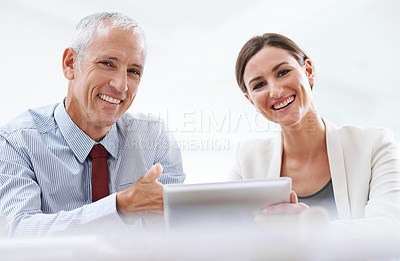 Buy stock photo Portrait, mature and businessman with woman and tablet with internet for online work for training on sales target or skills. Employee, manager or leader with information technology for development.