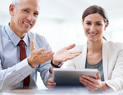 Buy stock photo Business people, portrait and tablet teamwork in office for brainstorming as financial advisor, consultant or collaboration. Man, woman and online internet for accounting deal, investment or planning