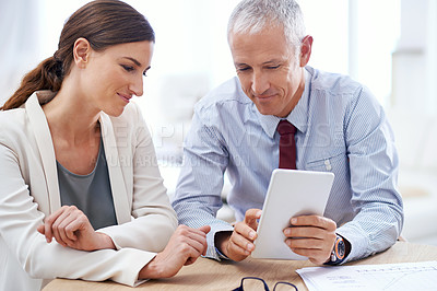 Buy stock photo Discussion, senior and man with businesswoman and tablet with internet for online work for training on sales target or skills. Employee, manager or mentor with information technology for development.