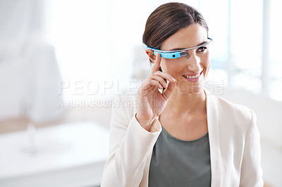 Buy stock photo Businesswoman, futuristic and smart glasses or technology connectivity for digital communication, biometrics or corporate. Female person, virtual reality and career innovation, metaverse or online
