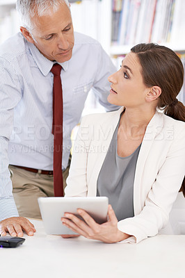 Buy stock photo Business people, tablet and teamwork brainstorming in office for startup as financial advisor, consultant or collaboration. Man, woman and online internet for accounting deal, investment or planning
