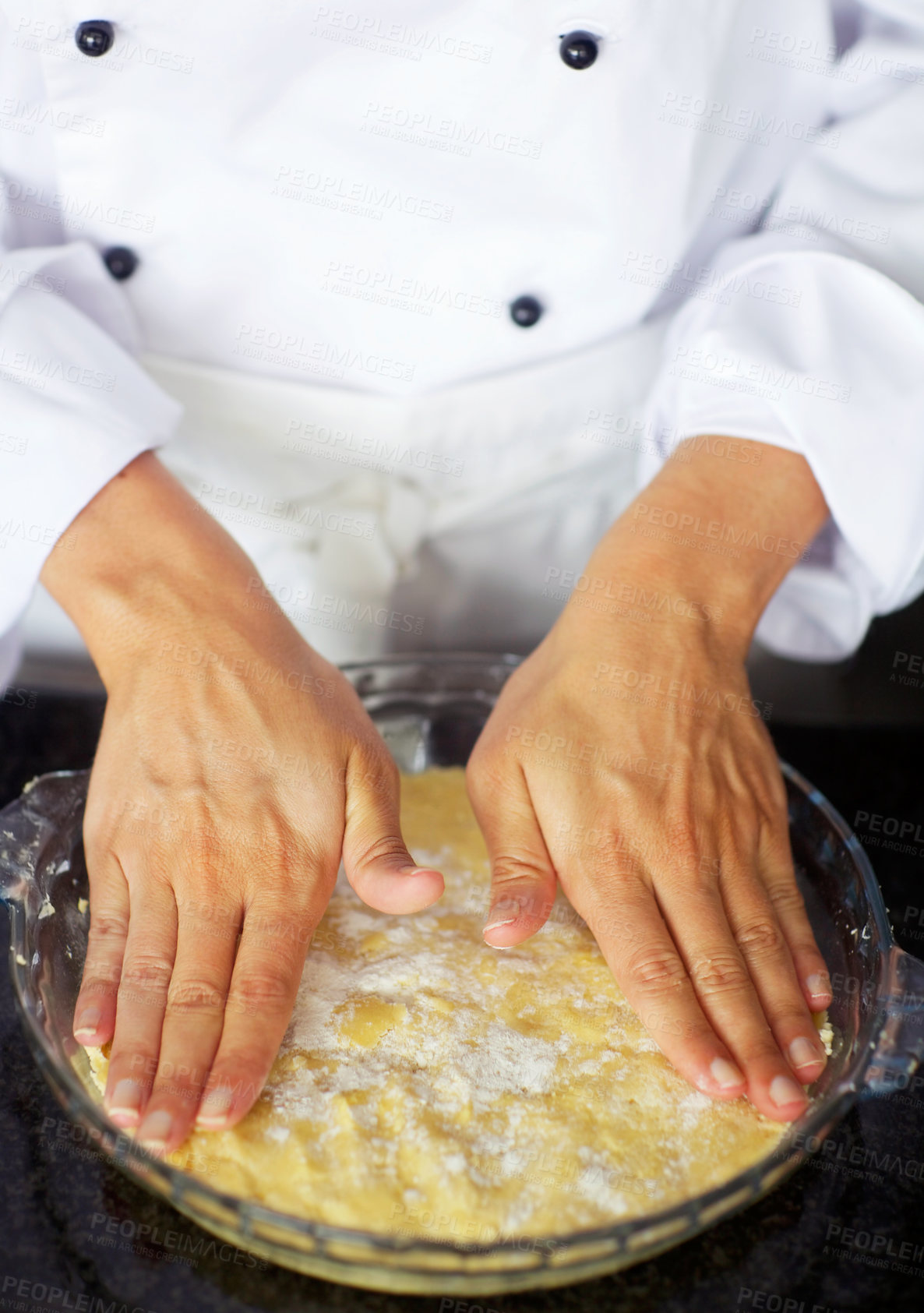 Buy stock photo Baker, hands and press pie dough for dessert, cake or meringue in kitchen job for fine dining. Person, cooking and professional pastry chef in cafe, coffee shop and small business for sweet food